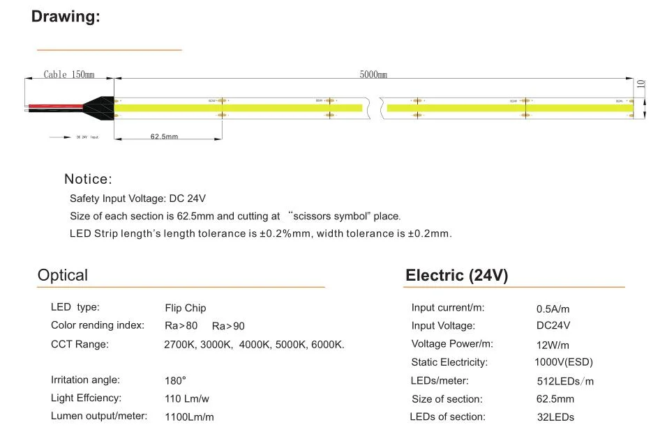 Custom Dotsfree 12V CCT Csp Changeable RGB LED COB Strip Light